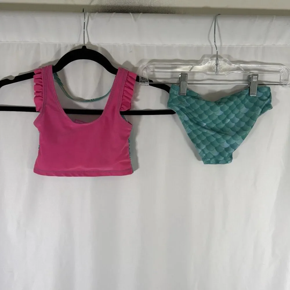 Disney Princess Swim Suit 2 Piece Girl 3T Ariel Green Pink Floral Little Mermaid